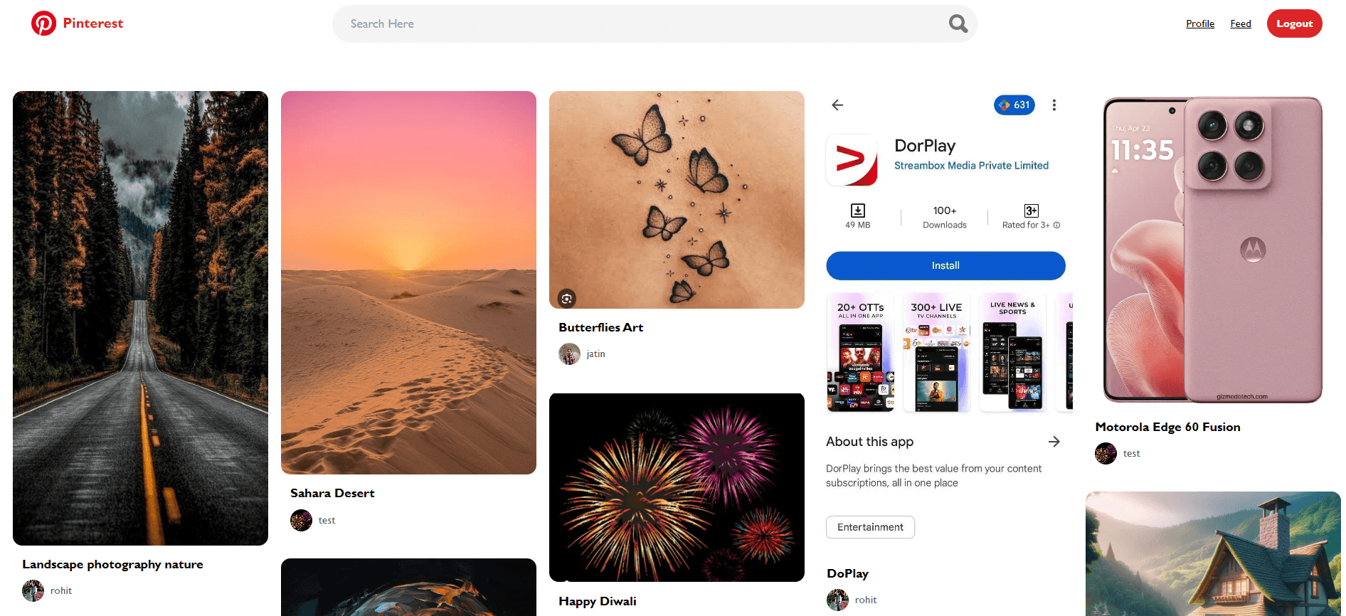 Pinterest Clone website interface